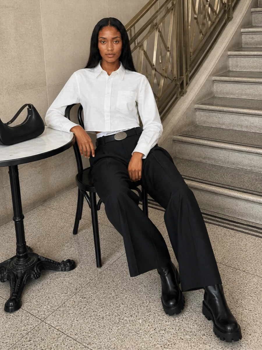 Alexander wang wide leg trousers cropped shirt outfit