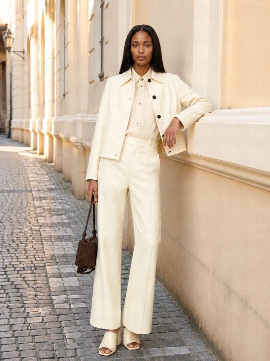 Bottega buttercream jacket wide leg trousers outfit