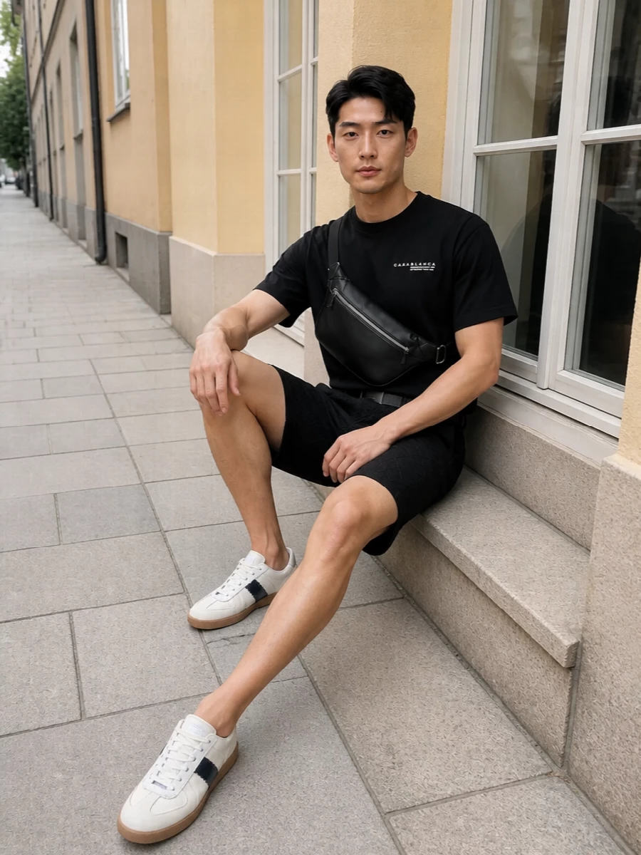 A black Casablanca tee meets deep jacquard tailored shorts for a monochrome summer uniform that feels clean, graphic and city-ready. Margiela court-inspired sneakers lighten the base without breaking the palette, while the padded crescent bag and slim belt add just enough structure to keep the whole thing sharp rather than sporty-casual. It reads as modern streetwear with a quiet luxury edge, built around calm proportions and subtle texture instead of loud branding.