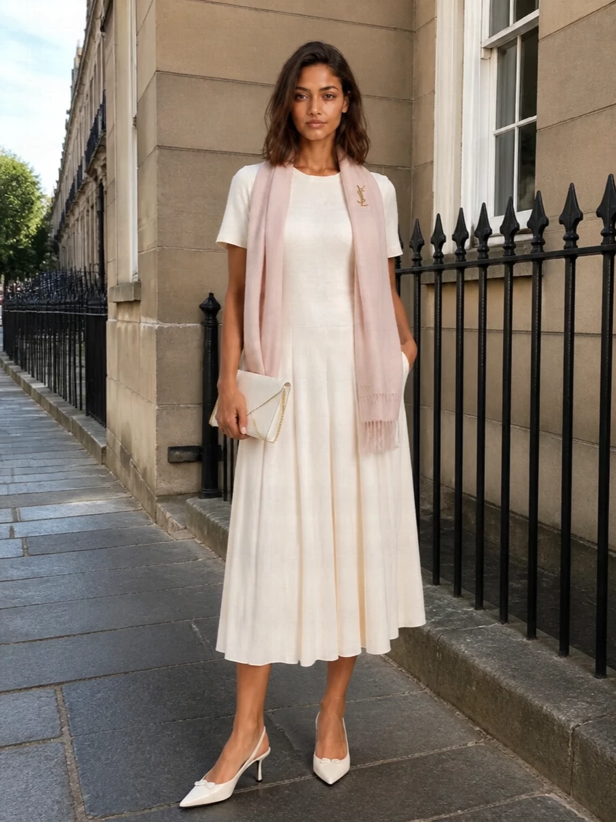 Prada ivory midi dress slingback heels clutch