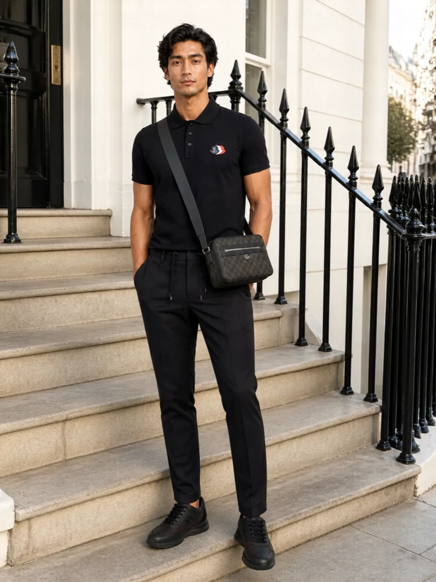 Moncler’s black polo sits cleanly against the deep-charcoal Herno chinos for a refined, athletic take on city dressing. Hogan’s dark sneakers keep the line streamlined and sporty rather than formal. The Gucci crossbody finishes it with hands-free ease and a discreet logo hit that still feels quietly polished.