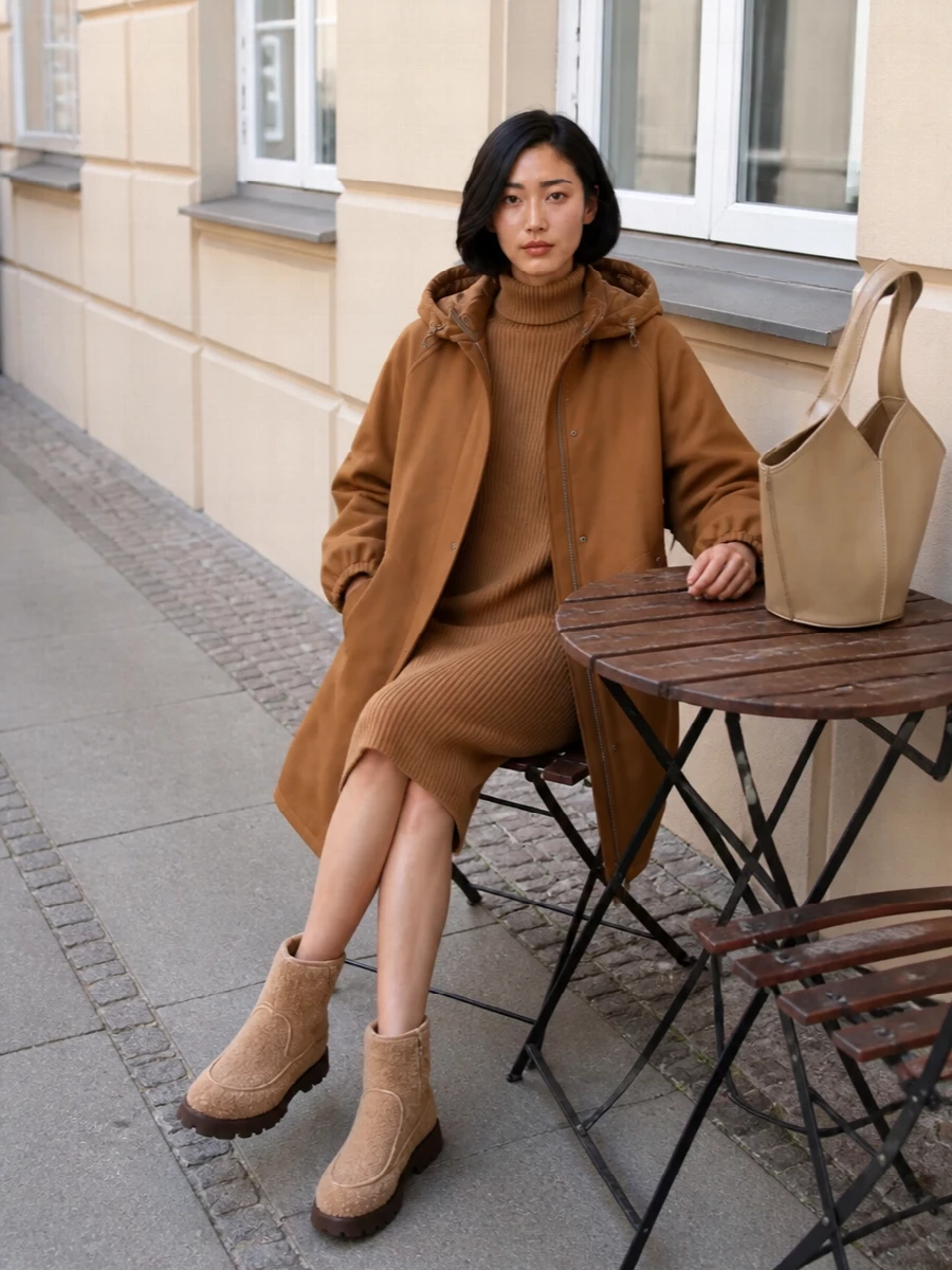Herno camel coat max mara sweater dress outfit