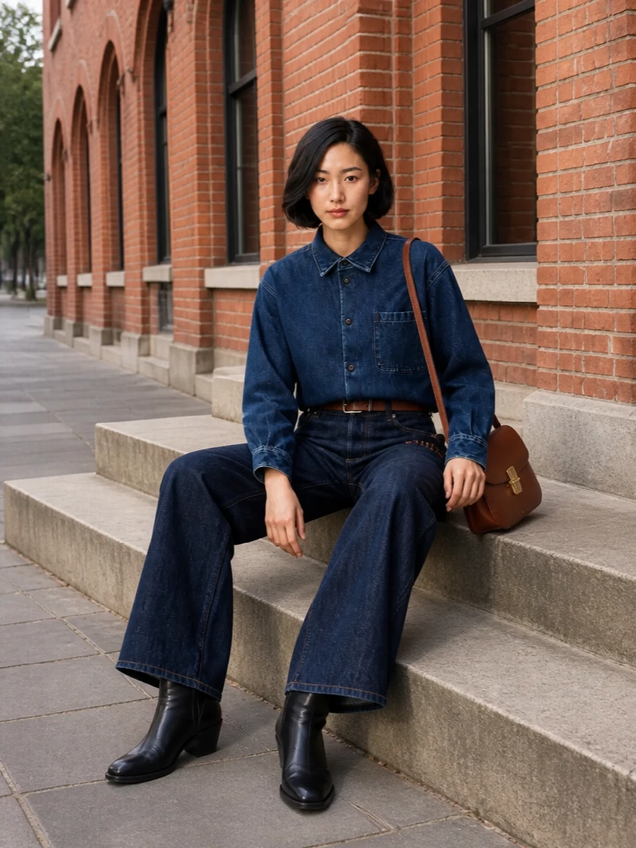 Apc denim shirt wide leg jeans ankle boots