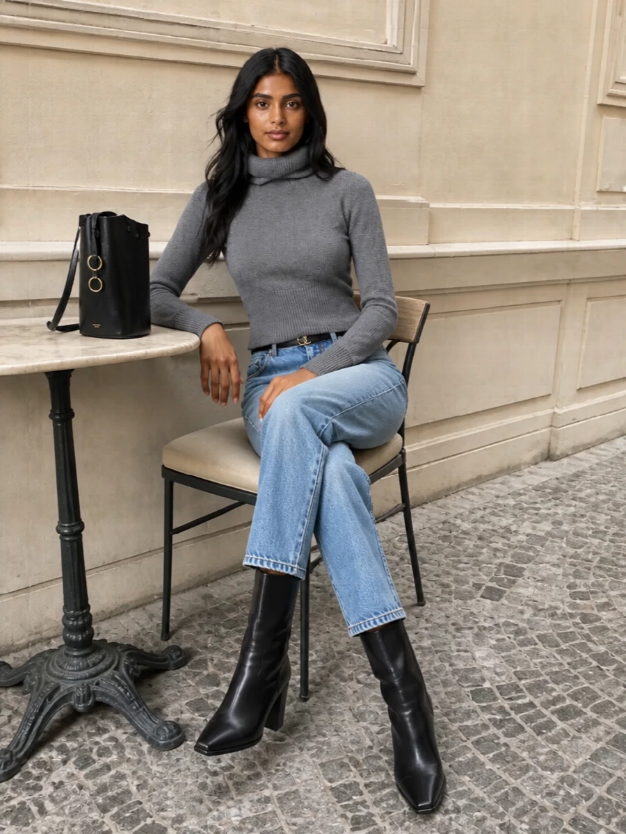 Alaia straight jeans grey turtleneck black boots