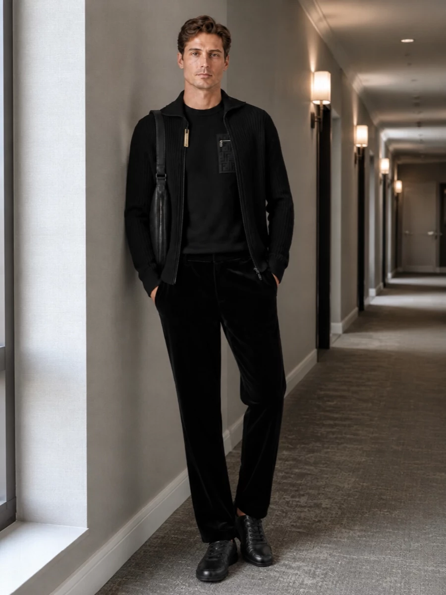 Fendi black ribbed jacket tailored trousers outfit