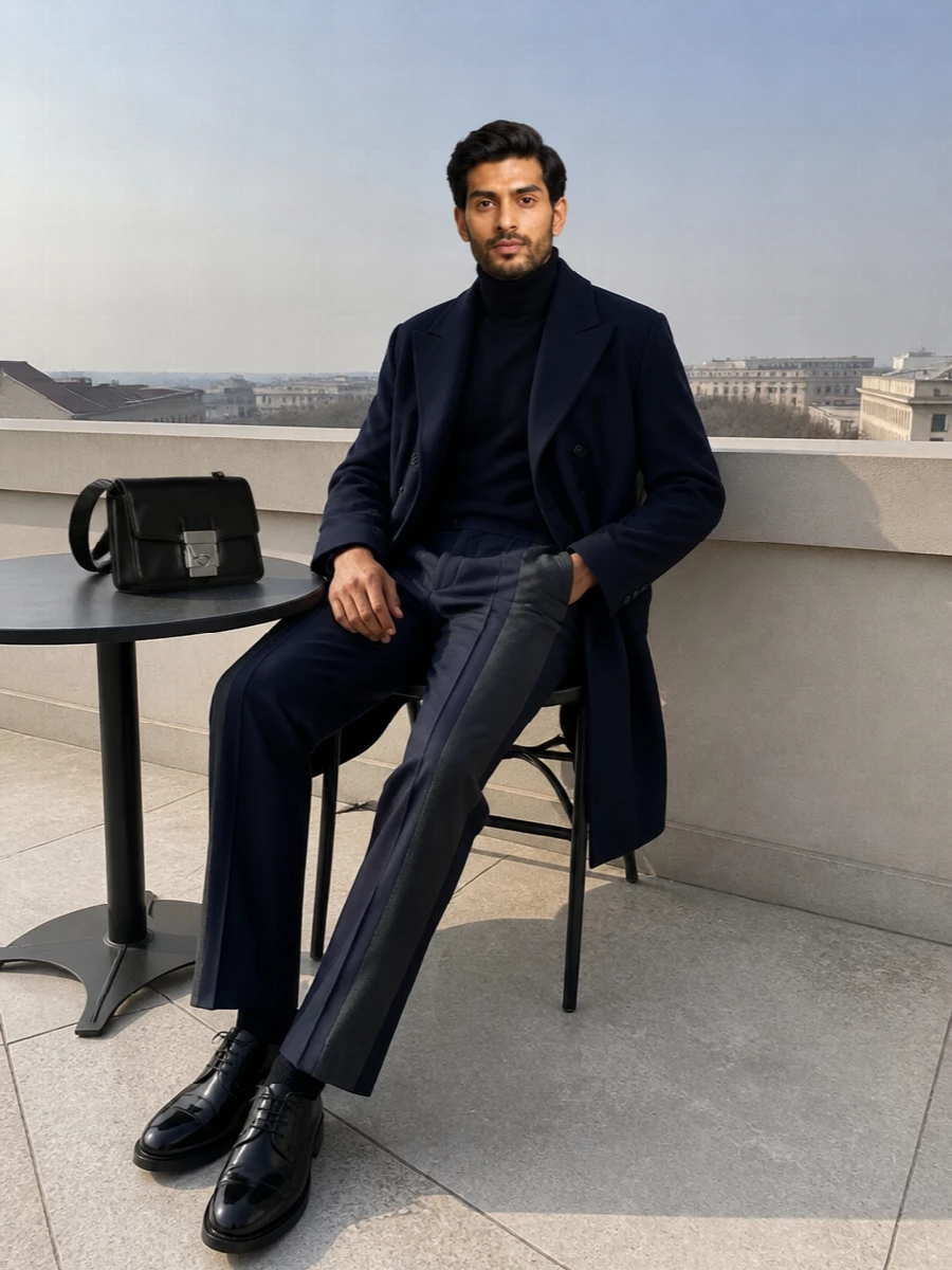Ink navy and charcoal sit in a single, elongated line, giving the Margiela coat a calm, architectural presence. A high-waisted tailored trouser, navy turtleneck and polished derby keep the silhouette long and assured, while a structured black crossbody adds just enough precision for gallery meetings or late dinners. It is a quietly authoritative winter uniform that reads considered without ever feeling stiff.