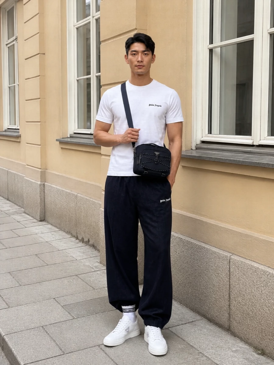 Palm angels tee wide leg pants prada sneakers