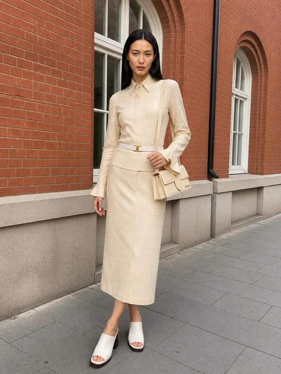 Sportmax buttercream midi skirt ivory mules outfit