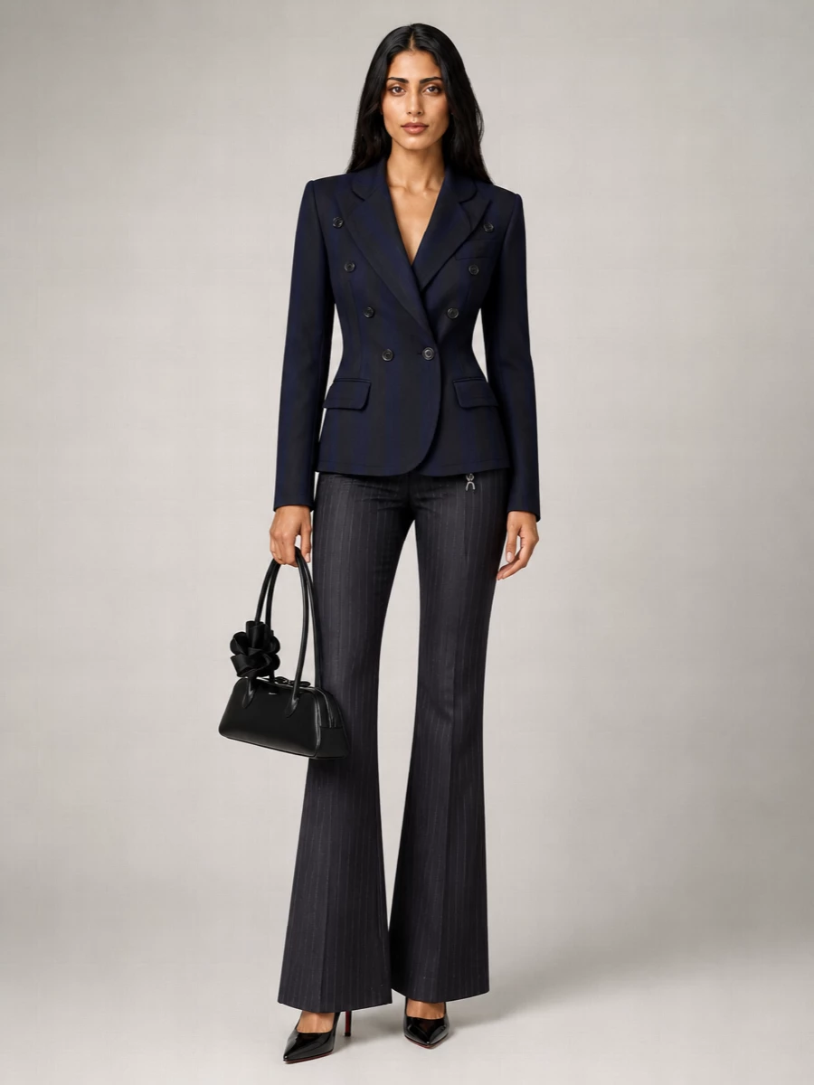 Vivienne Westwood’s sculpted navy blazer pairs with the Versace pinstripe flare to create a long, hourglass line that feels quietly powerful yet distinctly feminine. Black patent slingbacks and a sculptural black shoulder bag keep the palette tight and polished, while adding just enough romantic detail for desk-to-dinner evenings. The result is sharp city tailoring with a subtle, sensual softness rather than hard-edged severity.