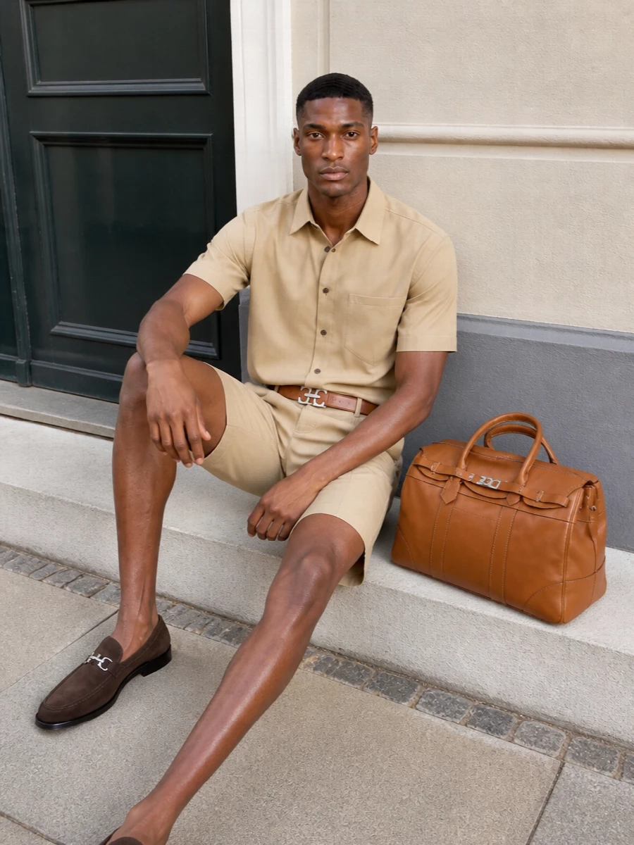 Ferragamo beige shorts prada sand shirt outfit