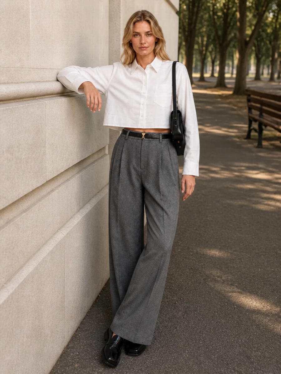 A crisp cropped white shirt meets fluid grey wide-leg tailoring for a pared-back, quietly confident city uniform. The square-toe black loafers and structured shoulder bag sharpen the mood without feeling strict. A slim black belt finishes the waist and keeps the proportions intentional rather than casual.