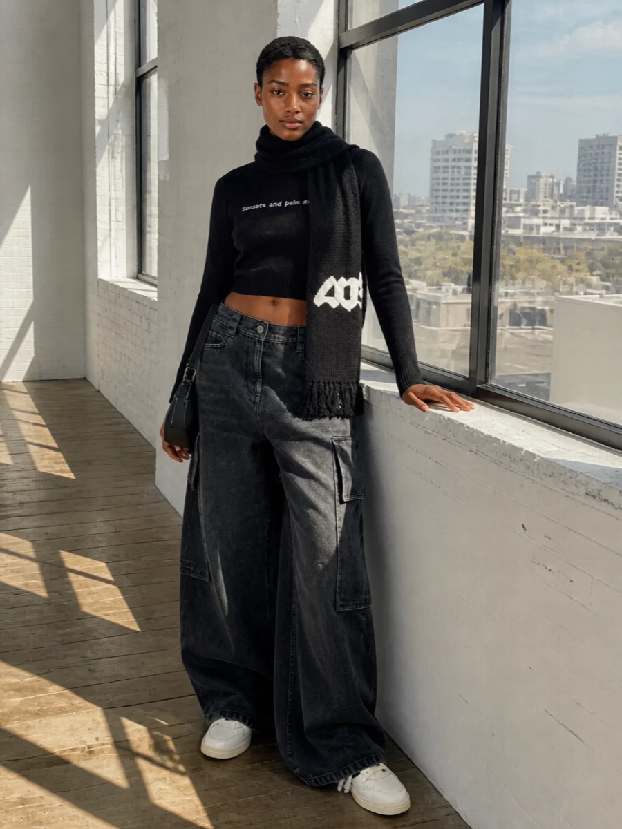 Palm Angels’ cropped slogan knit sits against ultra-wide charcoal cargos for a strong, LA-skate silhouette in strict monochrome. Off-White sneakers keep it grounded and graphic, while the Margiela shoulder bag and ribbed scarf add a quieter, sculptural finish that still feels firmly street.