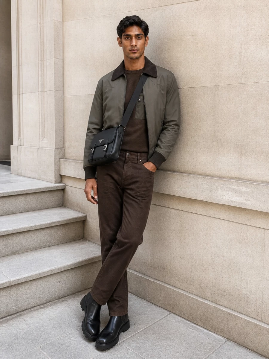 Prada brown blouson chelsea boots outfit men