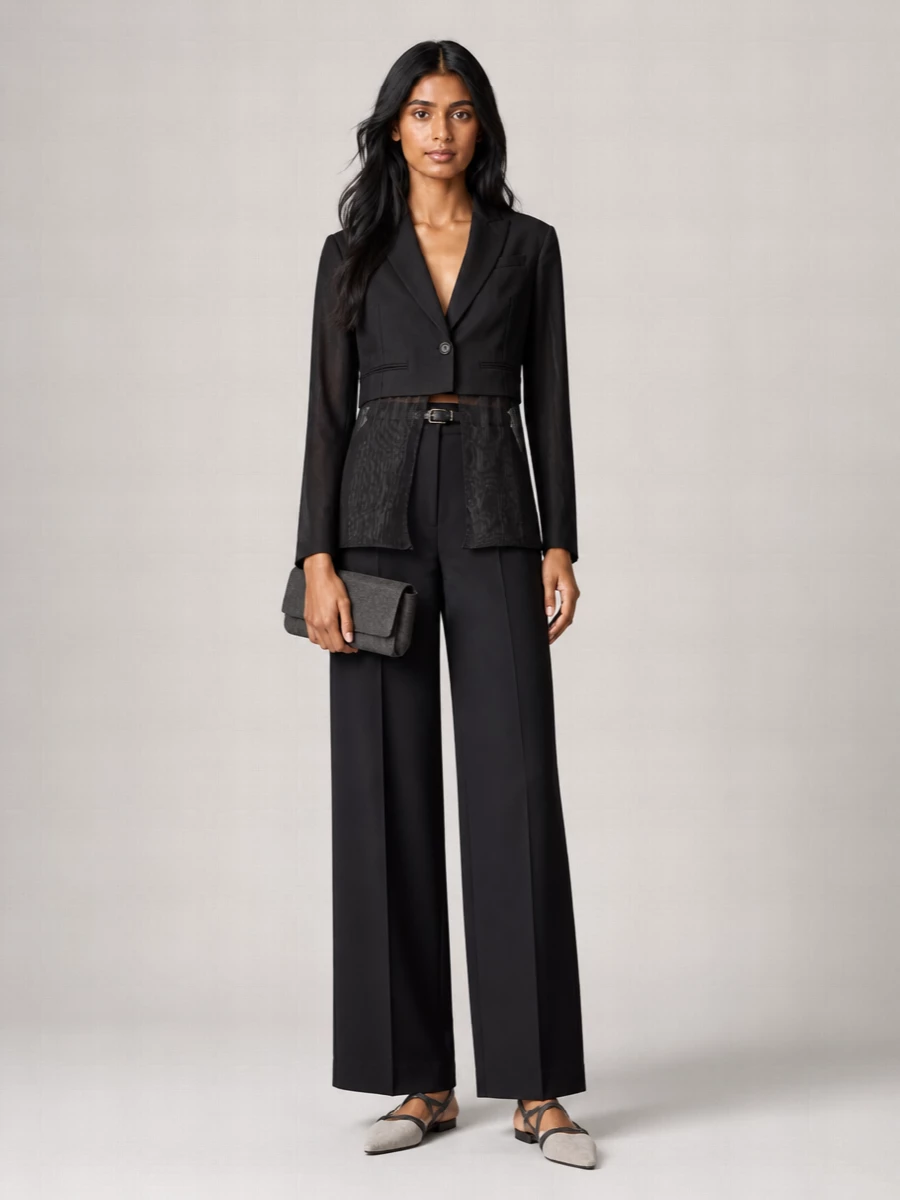 A cropped, sheer-panel tux jacket pairs with long fluid tailoring to create a dark, elongated column with just enough lightness for warm nights. A pointed flat mule and slim charcoal clutch keep the energy sleek and modern, while a fine black belt quietly refines the high waist. The result is evening polish that feels precise, minimal and quietly sensual rather than overtly dressed.