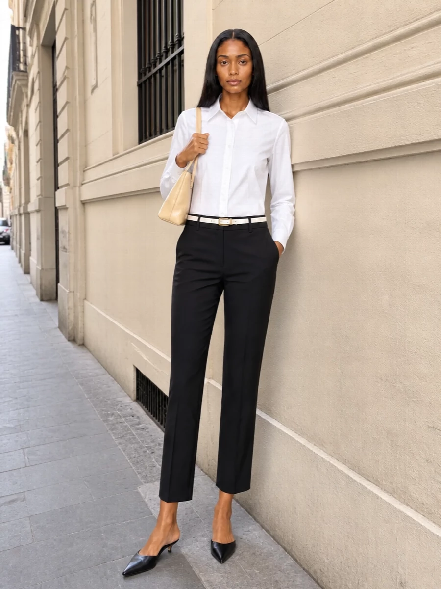 The row black trousers white shirt outfit