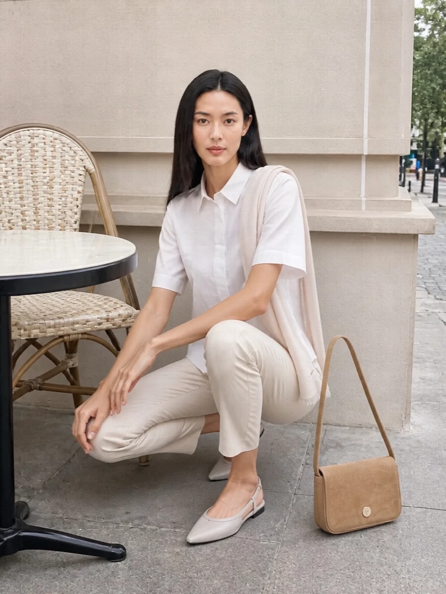 A crisp boxy white shirt meets slim beige tailoring for a calm, precise take on warm weather city dressing. Pointed slingback flats keep the proportions lean and polished without feeling formal, while a small camel suede shoulder bag and a whisper of blush scarf add quiet warmth and texture. The result is minimal, composed and easy to wear from morning meetings to late afternoon coffee.