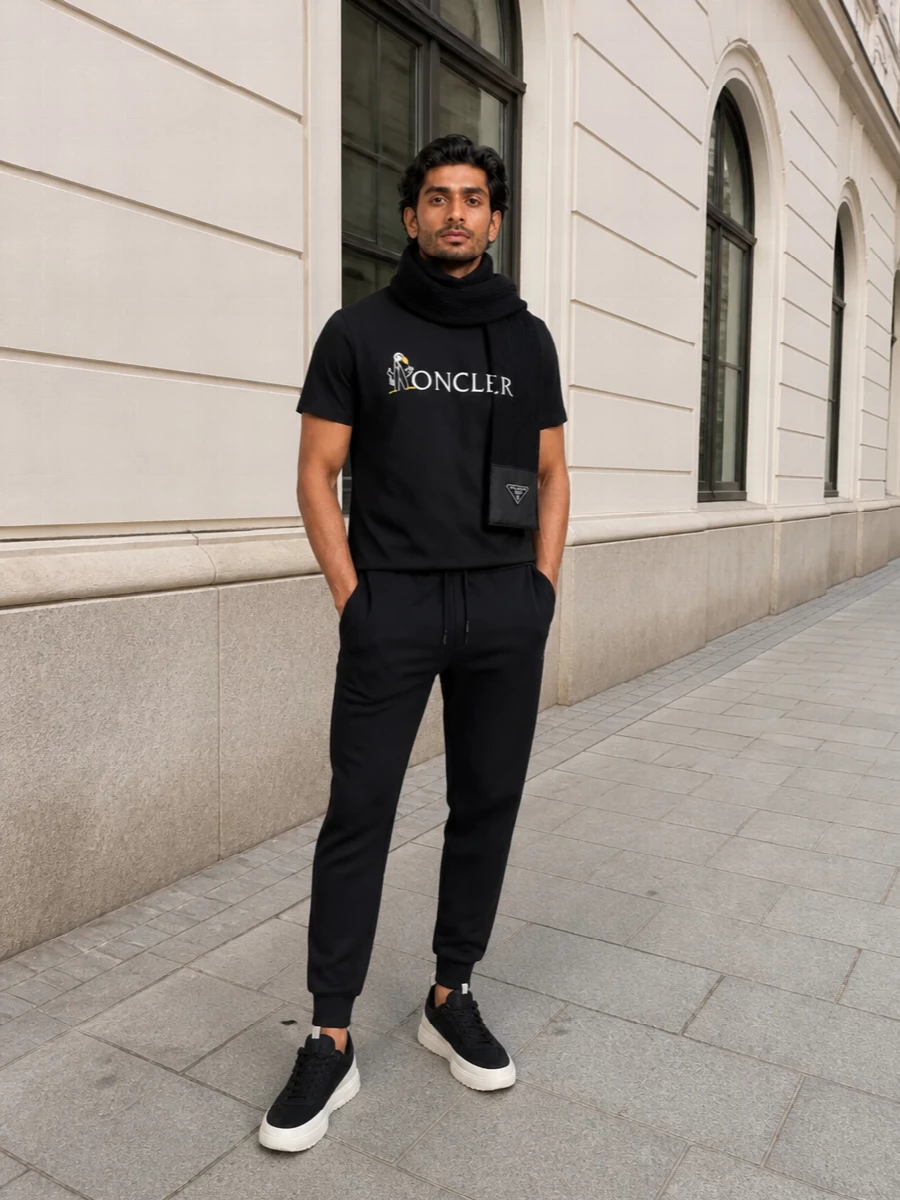 Moncler black logo tshirt joggers sneakers