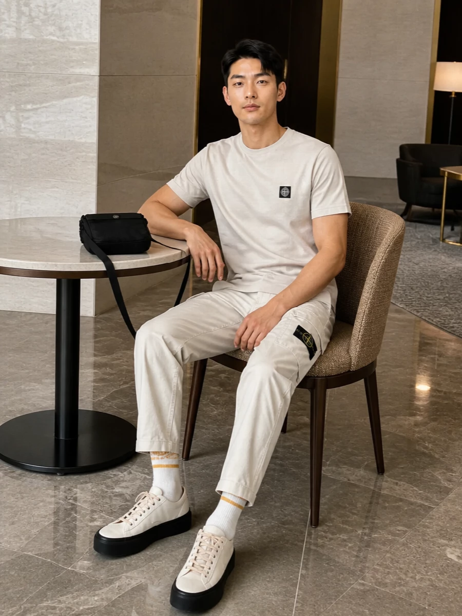 A light stone tee with matching cargo trousers sets up a clean, tonal base that feels easy but intentional for city days. Neutral technical sneakers and a compact black crossbody keep the lines sharp and functional, while the striped socks add a quiet hit of colour that nods to the branding without shouting. It is a modern streetwear uniform built on soft neutrals, subtle details and movement-first fabrics.