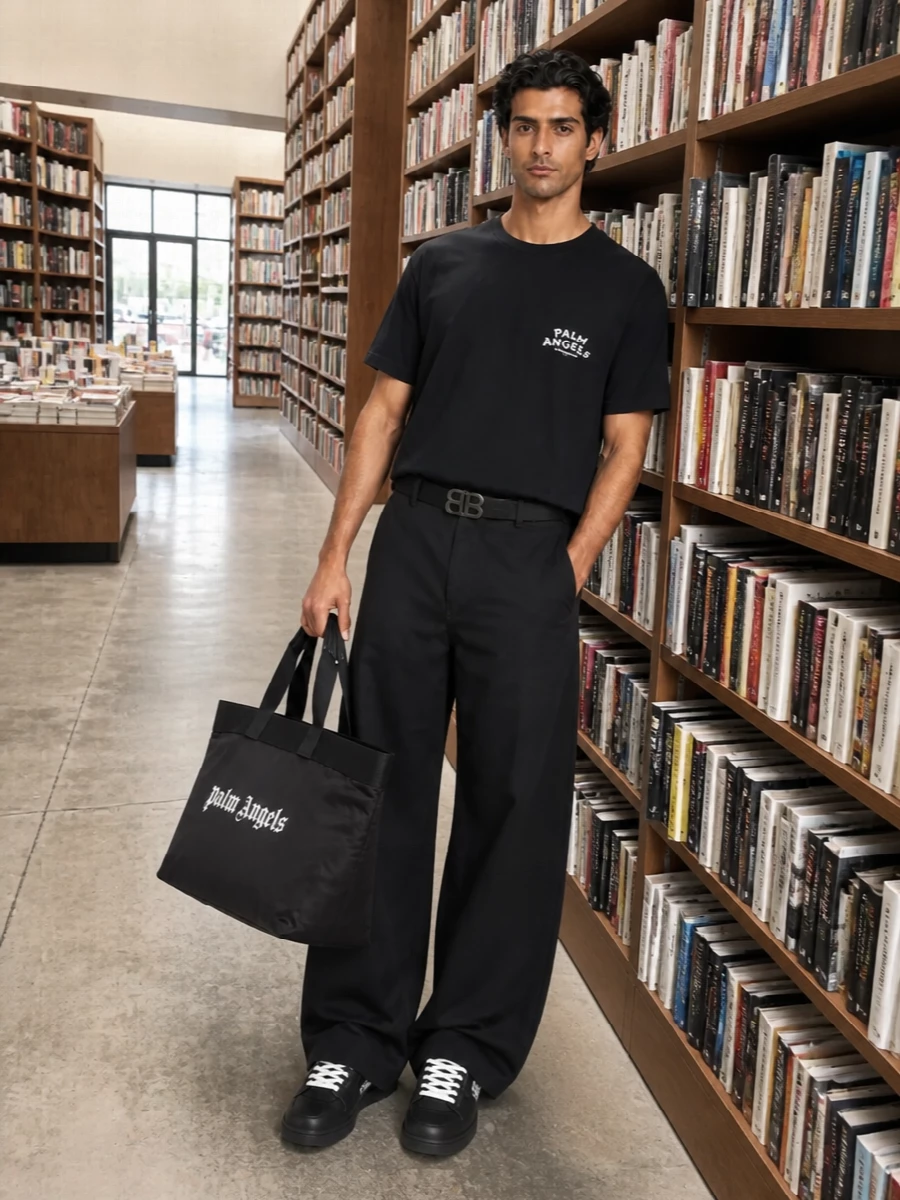 Palm angels black tee wide leg trousers outfit