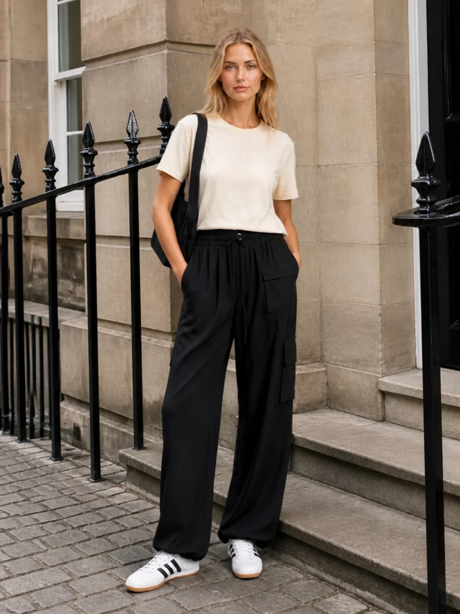 Y3 cream tshirt wide leg cargo outfit
