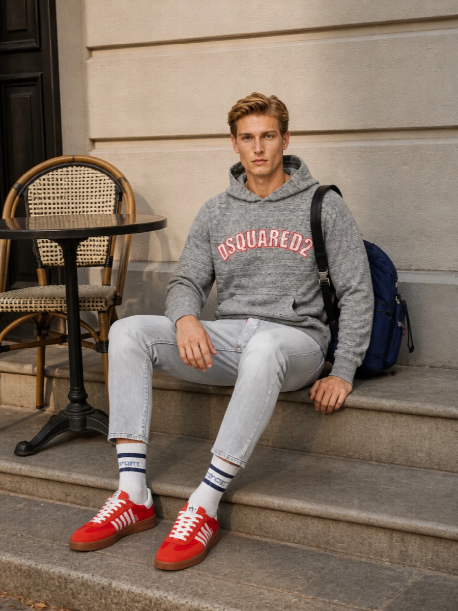 Dsquared2 grey hoodie jeans red sneakers outfit