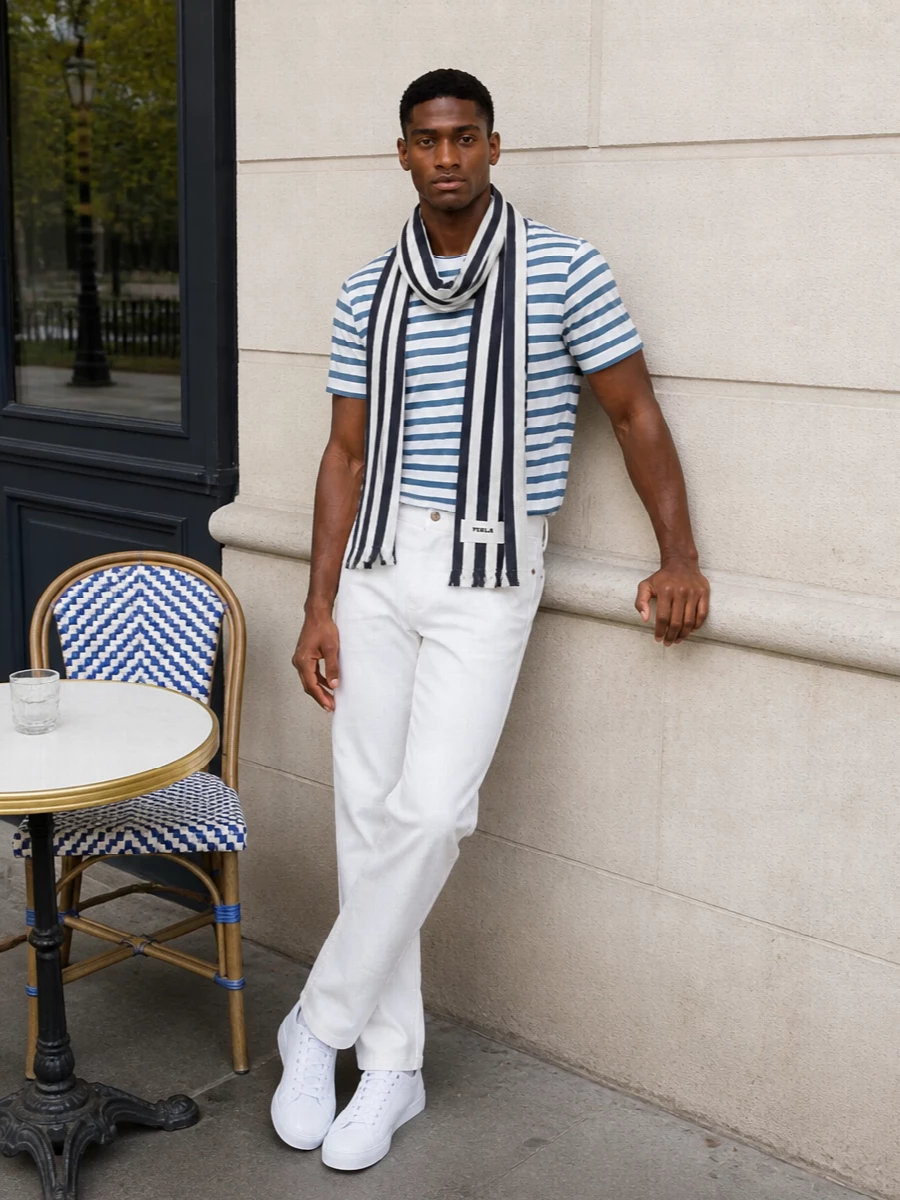 Junya watanabe striped tee white jeans outfit