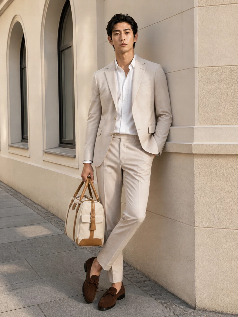 Light beige tailoring stays calm and precise, anchored by stone trousers, a clean white shirt and deep chocolate suede. The rich brown accessories quietly echo the suit’s lining, giving the whole ensemble a considered, sunlit formality. It is made for warm-season events when you want softness in color but clarity in line.