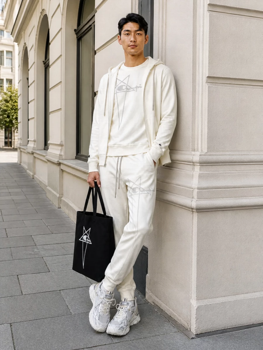 Rick owens off white hoodie jogger outfit