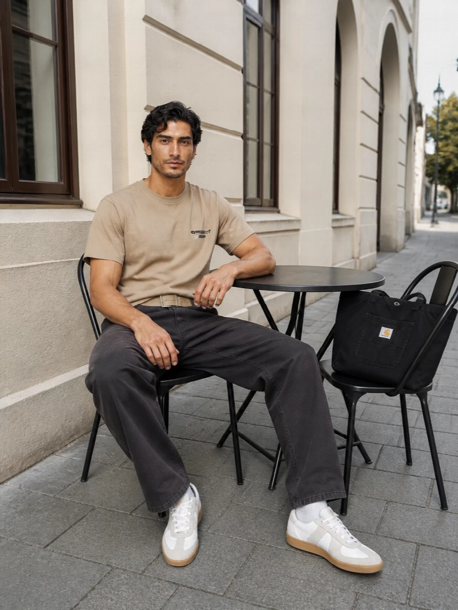 Sand on top, charcoal on the bottom, this is a clean Carhartt-rooted street uniform that feels considered without trying. The straight lines and neutral hits keep it easy to wear but still graphic, with the gum-soled sneaker softening the utility edge. It is the kind of kit you can skate in all afternoon then head straight into the city with zero adjustment.
