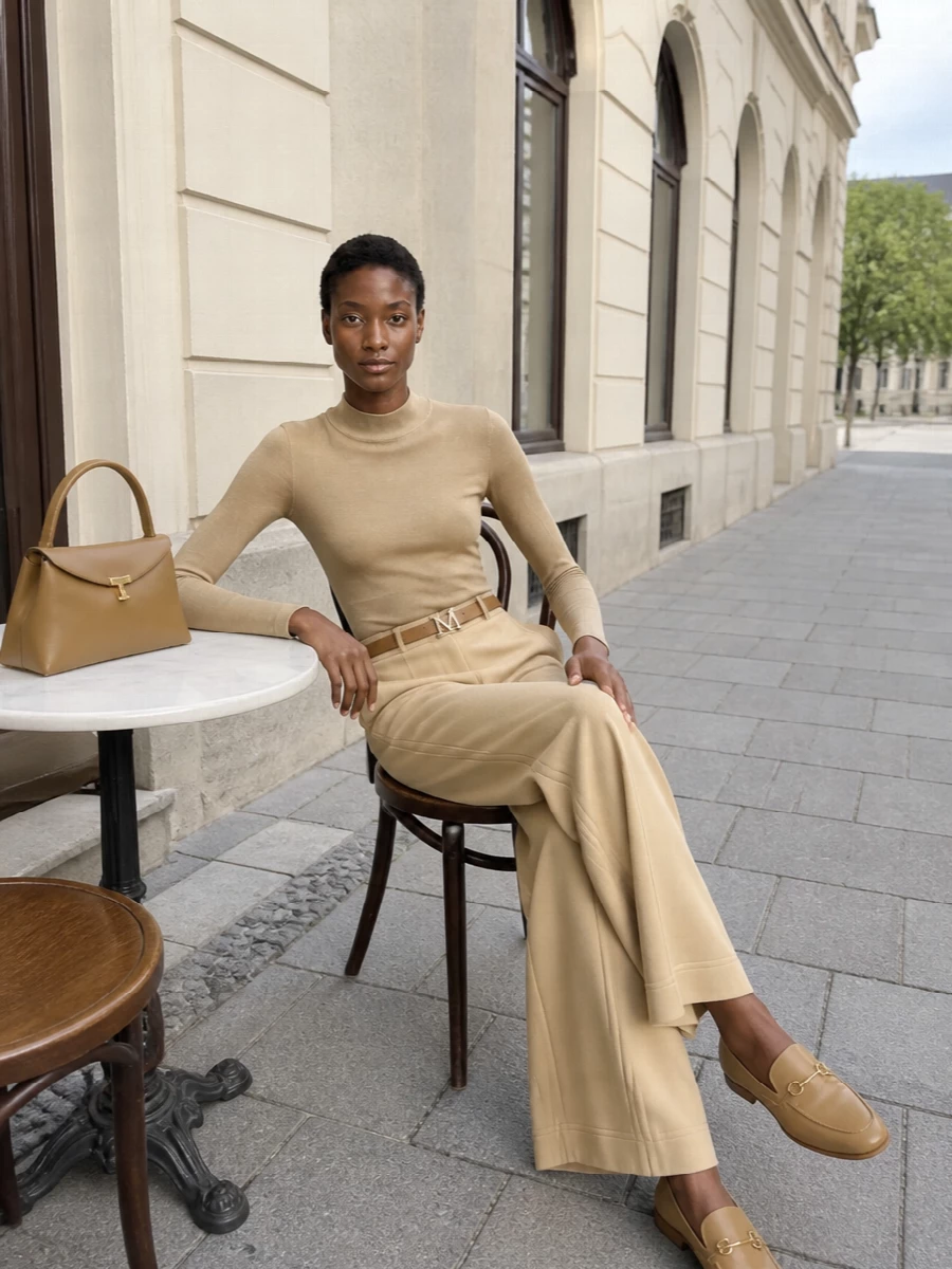 Max mara camel wide leg trousers mock neck knit