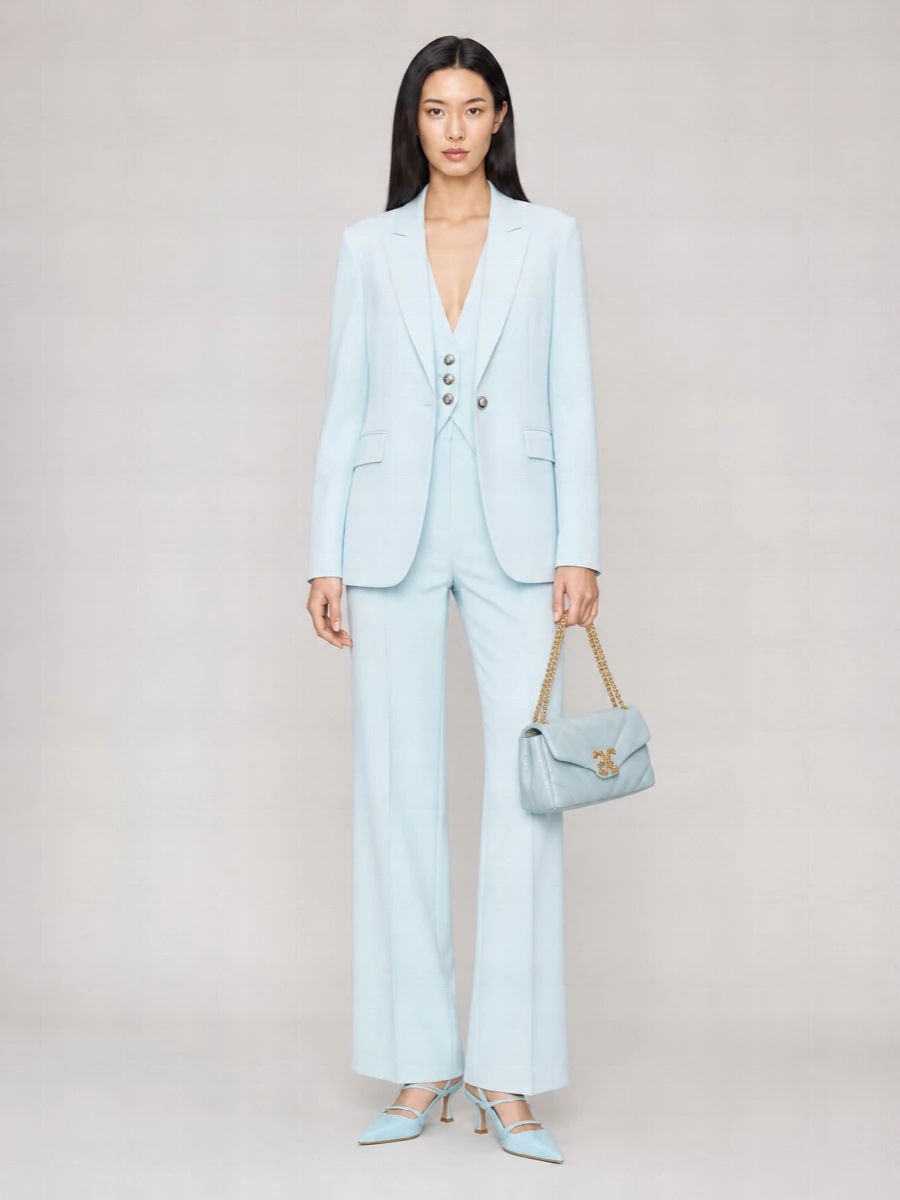 I’m building this around the blazer as a full tonal suit, which feels more modern and directional than breaking away into a dress. The powder-blue halter waistcoat and matching wide-leg trouser create a long, clean line, while the ice-blue slingbacks and quilted bag keep everything in the same quietly luxurious pastel story. It is boardroom-appropriate but very ready for terrace cocktails the moment you step out of the meeting.