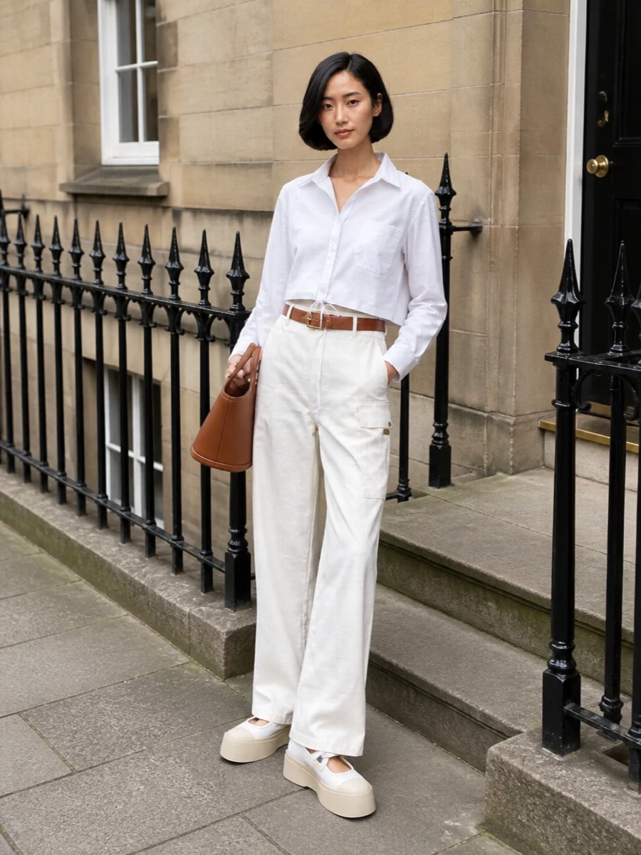 Crisp off-white cargo tailoring meets a cropped, drawstring shirt for a clean, high-waisted silhouette that feels precise rather than fussy. Chunky yet streamlined Mary Janes echo the soft neutrals, while tan leather accessories add a measured warmth and structure. The result is an easy city uniform with quiet utility and clear lines.