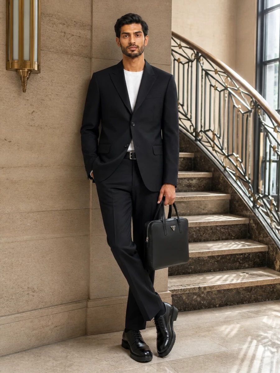 Balenciaga navy blazer black trouser outfit