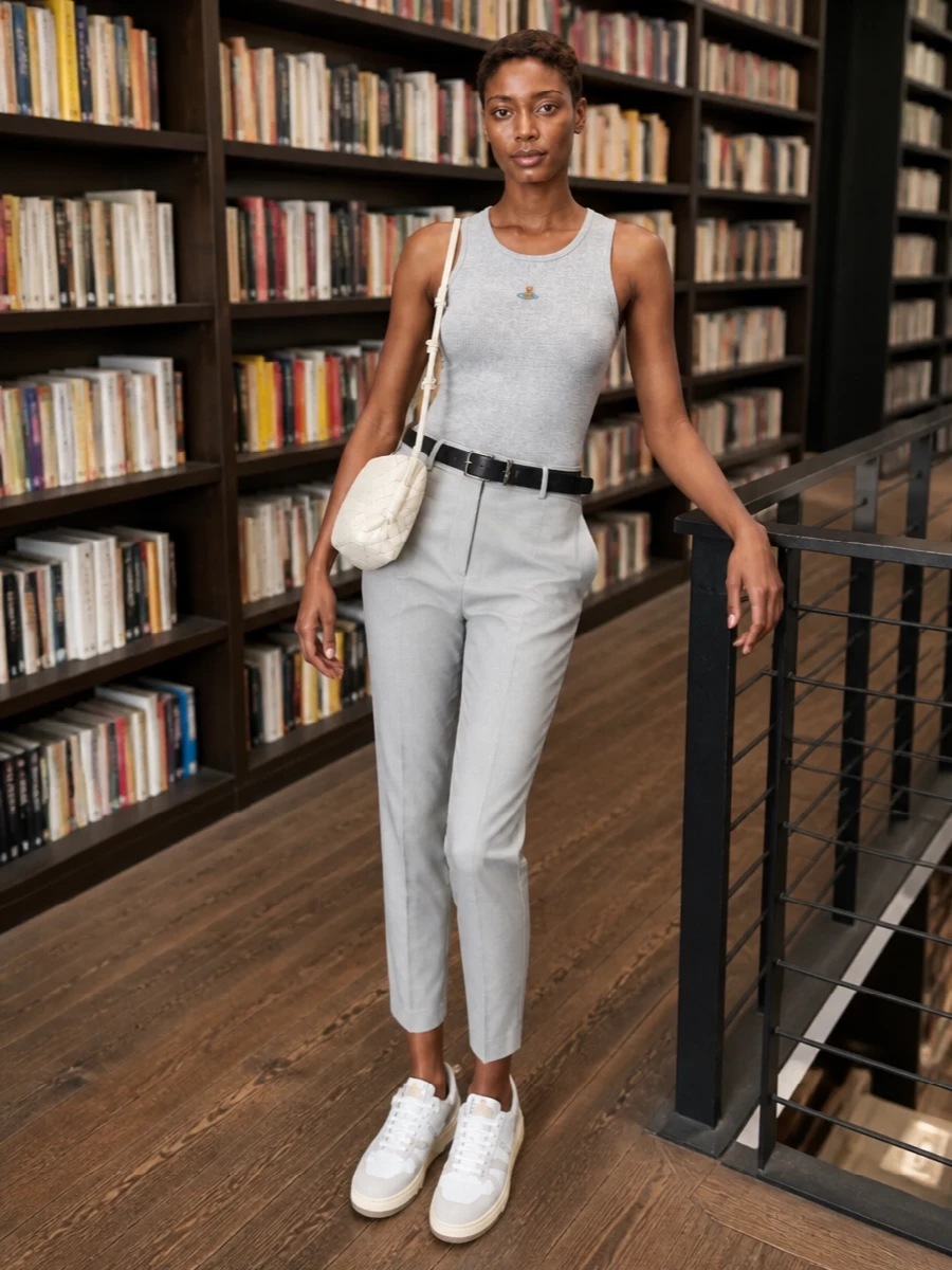 Vivienne Westwood’s grey ribbed tank is paired with soft light-grey tapered trousers for a tonal column that feels calm, sharp and quietly branded. Lanvin’s neutral sneakers and a small ivory Bottega cross-body keep the mood modern and low-key, while a slim Saint Laurent belt subtly defines the waist without breaking the clean lines. It is a city-ready uniform that moves easily from coffee runs to casual meetings with nothing shouting for attention.