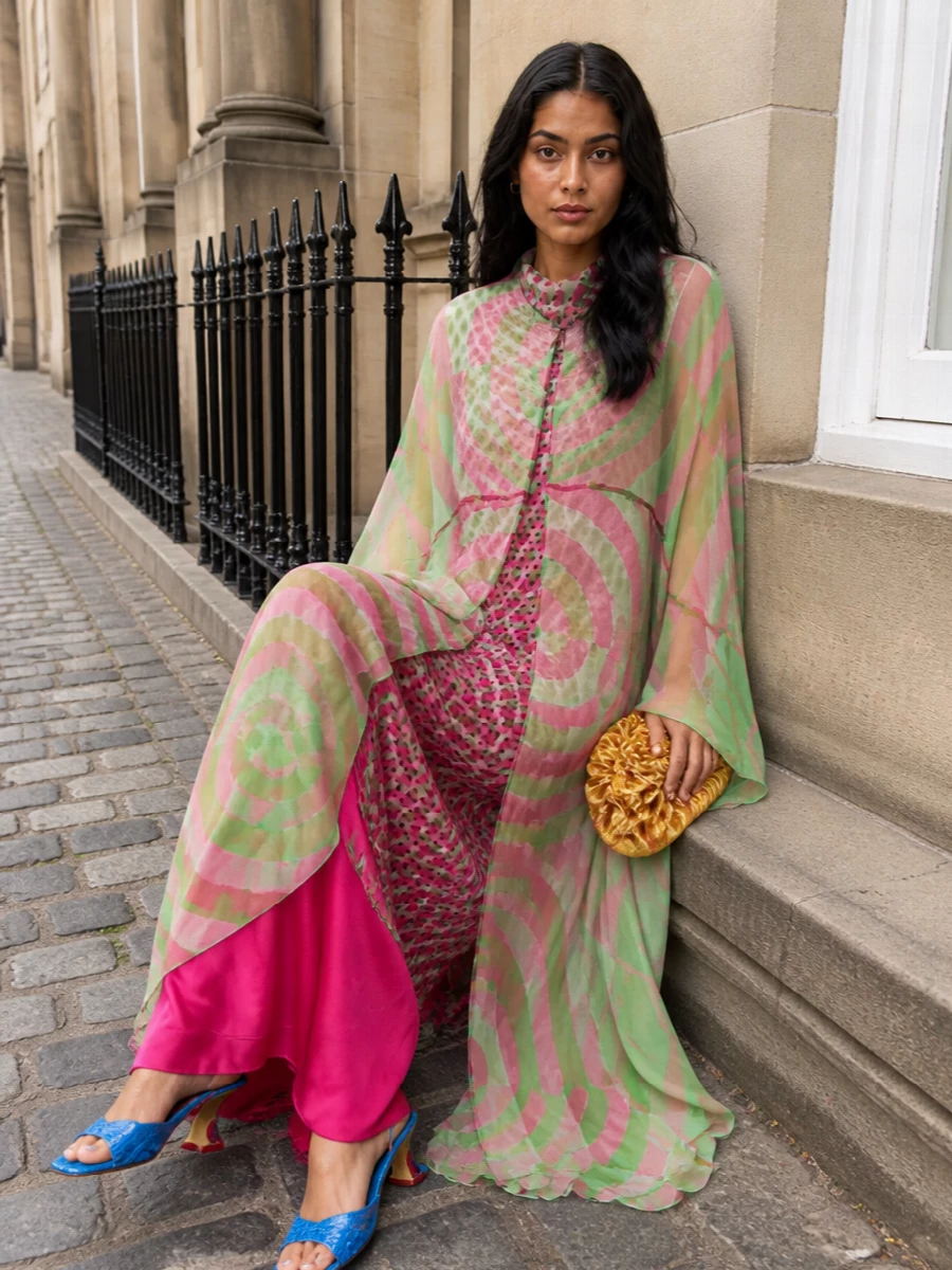 Dries van noten sheer cape fuchsia maxi dress