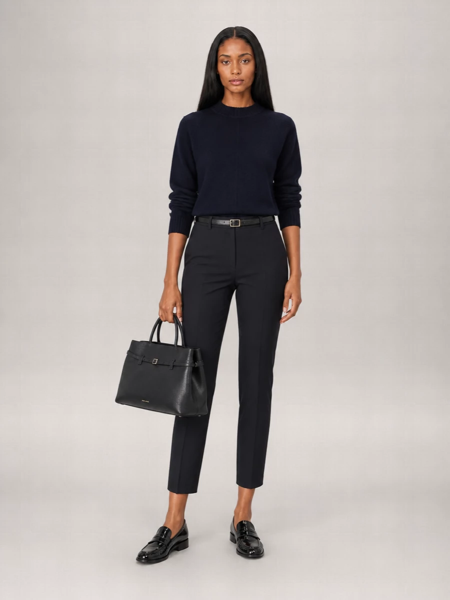 Ink-navy tailored trousers meet a cropped navy knit for a clean, monochrome column that feels modern yet understated. A polished black loafer and structured top-handle bag keep the mood sharp but unfussy, with a slim belt subtly framing the high waist for a composed city uniform. The result is desk-ready tailoring that still reads relaxed and quietly confident.