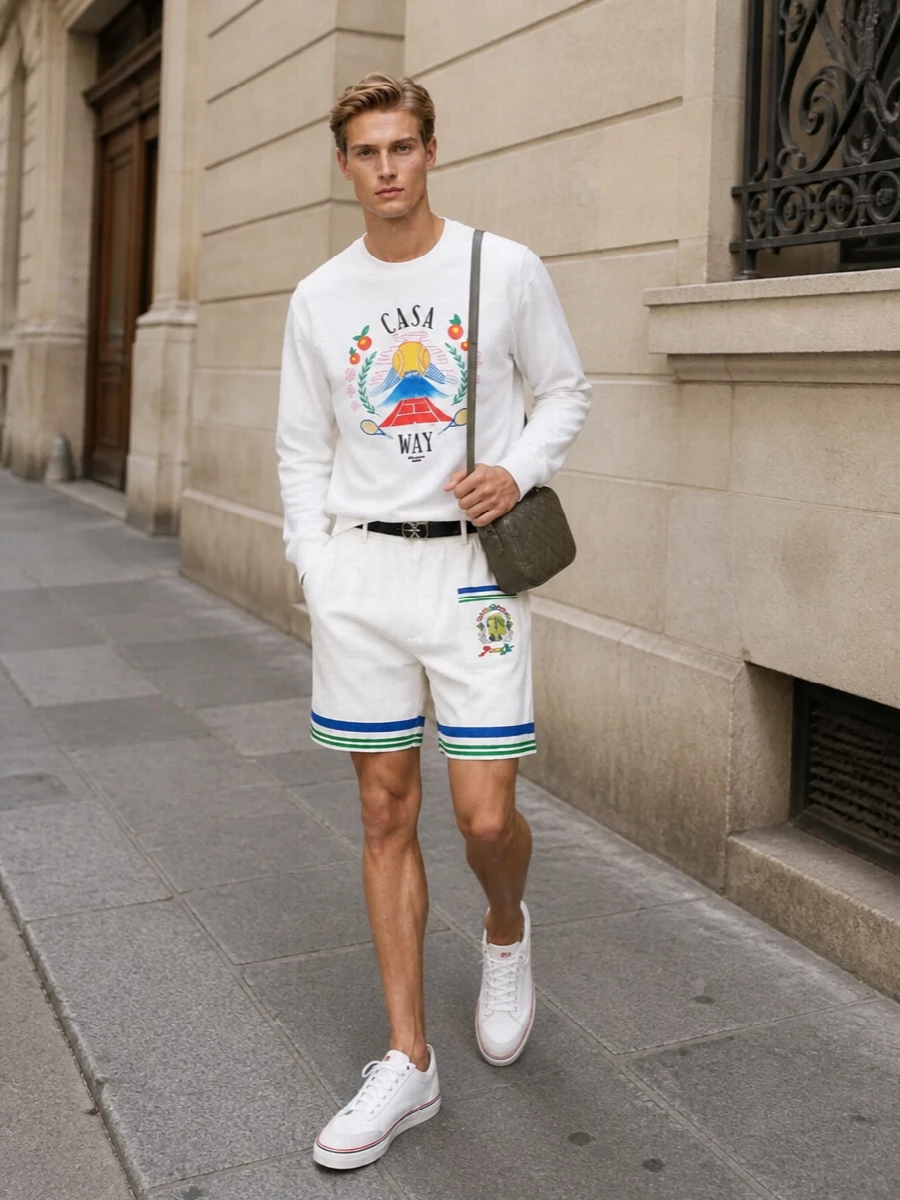Casablanca tennis sweatshirt off white shorts outfit