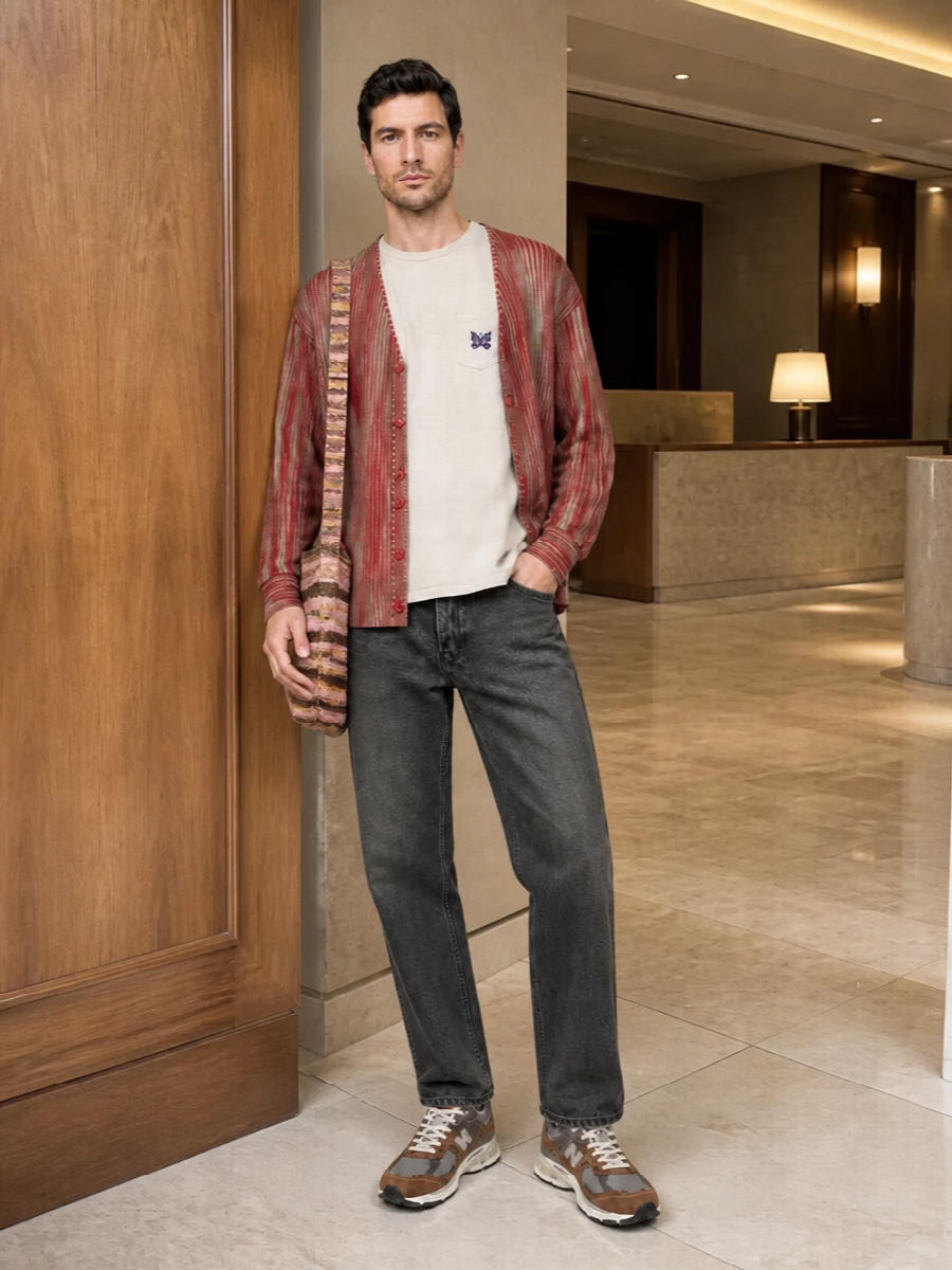 Needles cardigan charcoal jeans new balance outfit