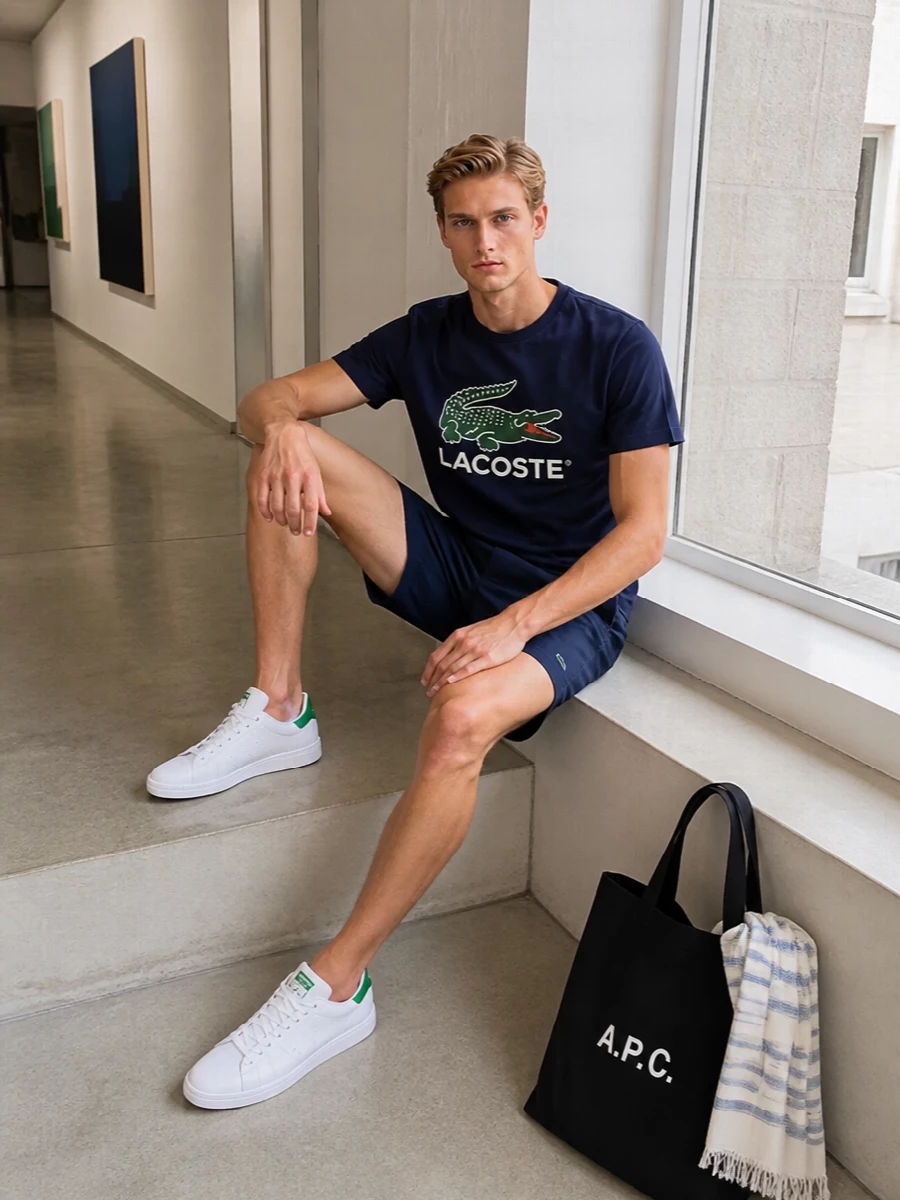 Lacoste logo tee navy shorts white sneakers outfit