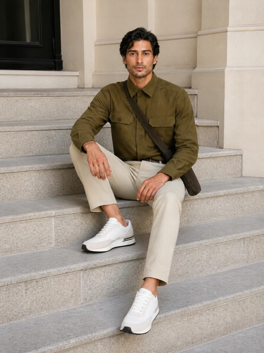 Boss olive overshirt beige chinos sneakers