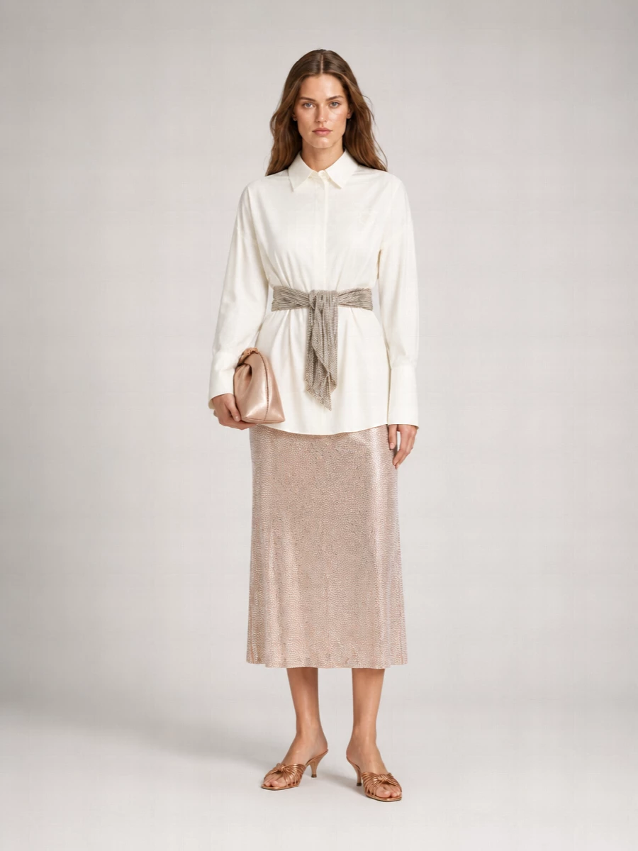 A champagne-toned story of soft light, this pairing lets the skirt read as liquid metal against an ivory shirt cinched neatly at the waist. Rose-gold mules and a pleated clutch pick up the metallic glimmer without breaking the nude and blush harmony. The result is romantic, tailored and cocktail-ready, perfect for gallery evenings or intimate city dinners.