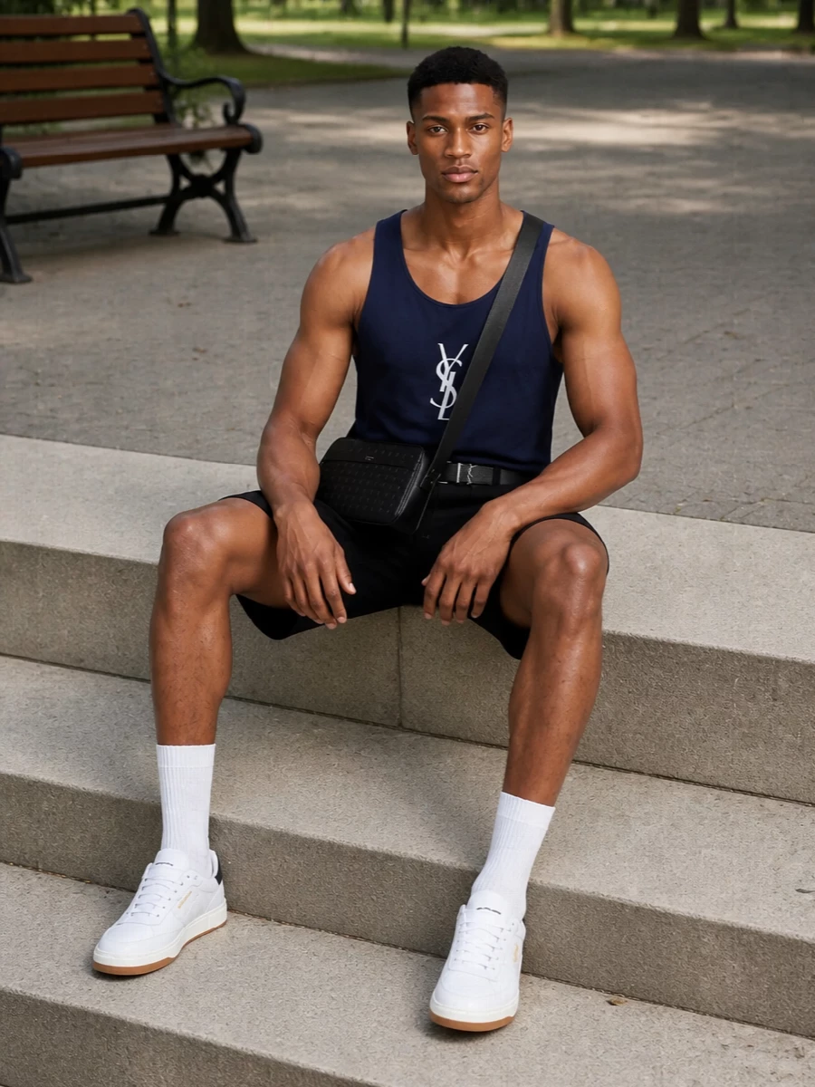 This look leans into a clean, urban summer uniform: the navy YSL tank sits over black deck shorts for an easy, athletic line with just the right amount of logo presence. Off‑white court sneakers pick up the tank’s graphic off‑white and keep everything feeling fresh and relaxed, while the Saint Laurent belt and Celine crossbody add subtle structure and polish so it reads as deliberate, not gym-bound. The result is a sleek, high-end street-sport outfit that moves effortlessly from city errands to terrace drinks.