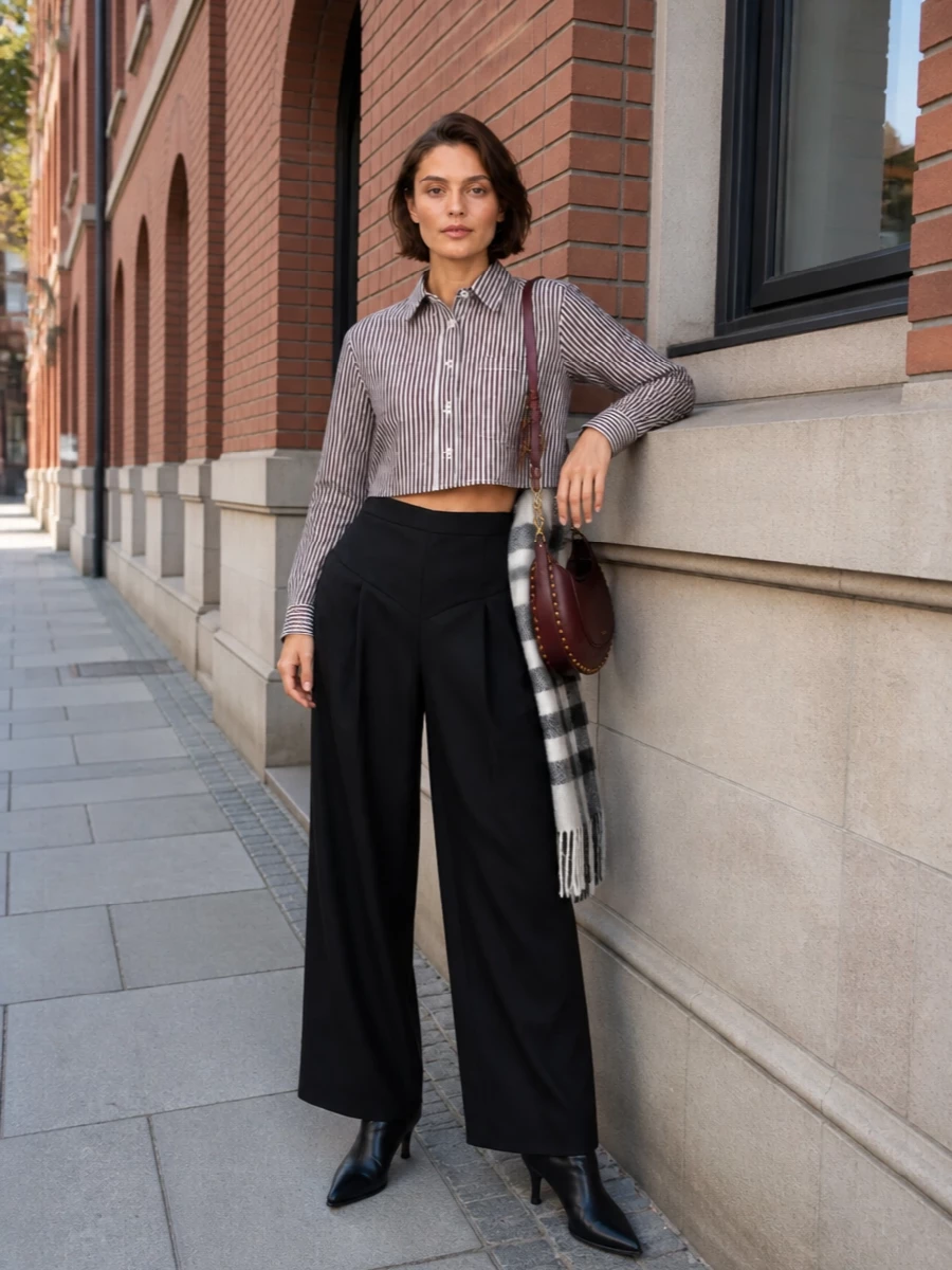 A cropped striped shirt meets a sculpted high-waist black wide leg for a clean, waist-focused proportion that feels quietly assertive. Pointed black ankle boots keep the line sharp, while a deep burgundy crescent bag and grey check scarf introduce controlled color and texture without diluting the tailored, preppy mood. It is an office-to-dinner mix that reads modern, intelligent and intentionally pared back.