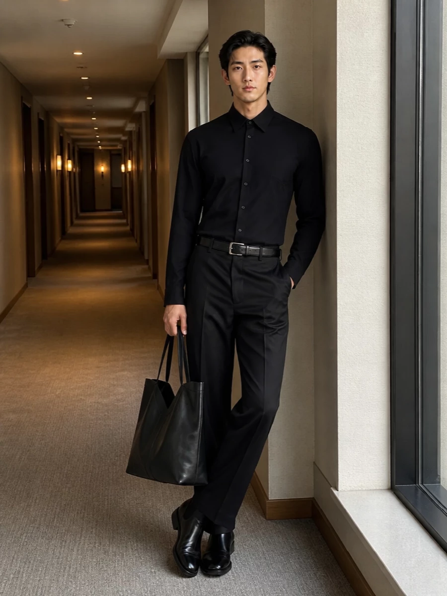 A sculpted black shirt meets high-waist wide-leg tailoring to create a single, precise column of black with a subtly dramatic evening attitude. Glossy ankle boots echo the clean lines and add a controlled shine, while a structured black tote and slim belt keep everything disciplined and quietly assertive. It is a modern, formal uniform that feels architectural yet completely unforced.