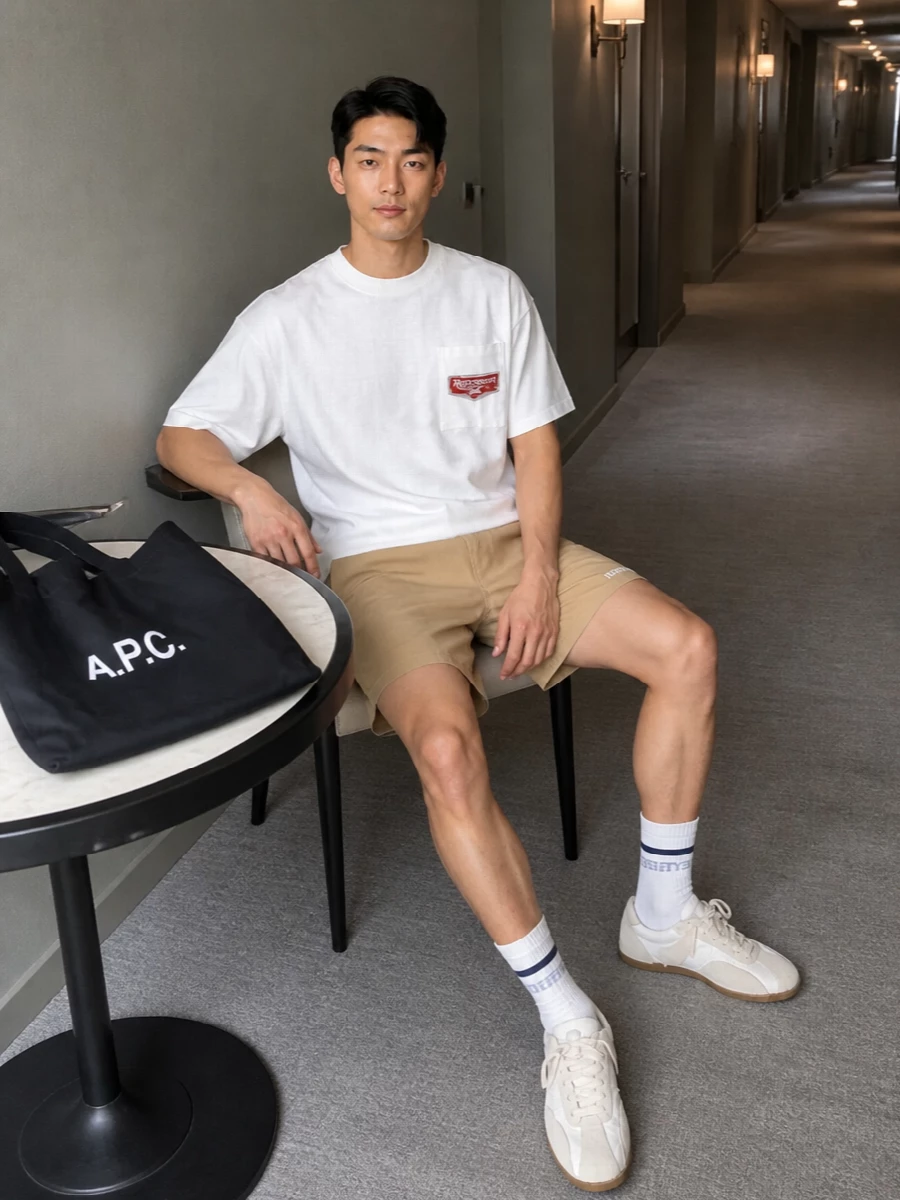 A crisp Represent tee sits against sand shorts for a clean, low-contrast take on streetwear that still lets the chest patch do the talking. Off-white trainers and striped socks keep everything light and relaxed, with the black A.P.C. tote adding just enough graphic weight to ground the palette.