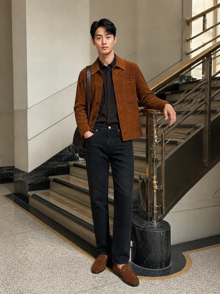 Saint laurent suede jacket black denim outfit