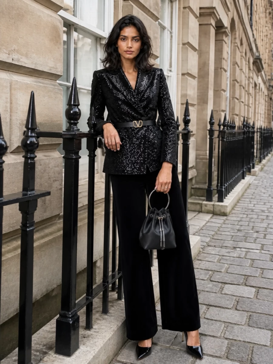 Tagliatore sequin blazer velvet trousers outfit