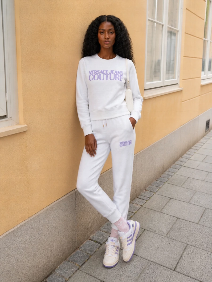 Versace white sweatshirt lilac adidas outfit