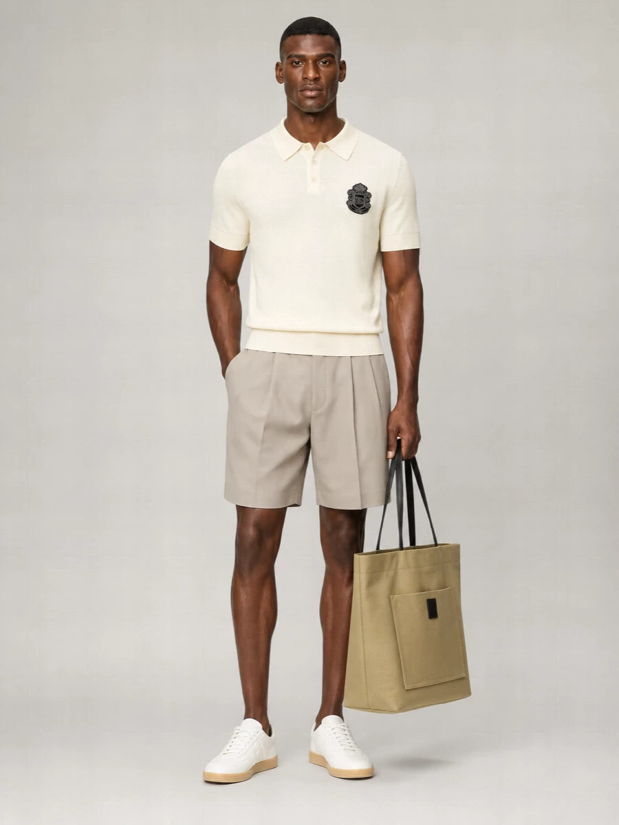 A cream knit polo meets sculpted stone pleated shorts for a summer outfit that reads polished but relaxed. Soft-white sneakers and a sand canvas tote keep the palette light and coherent, so the crest details stay the quiet focal point. It is tailored enough for terrace lunches yet easy for warm city afternoons.