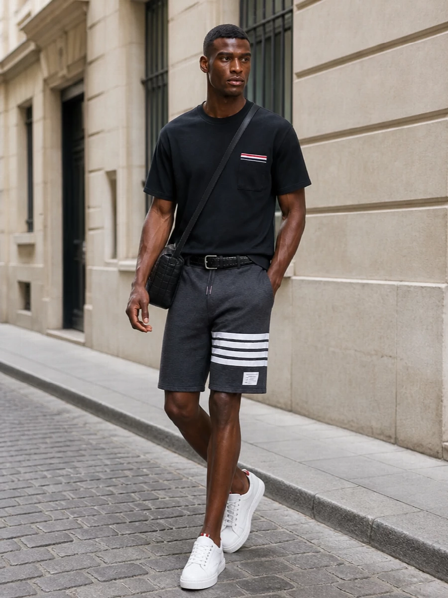 Thom browne charcoal tee shorts quiet luxury outfit